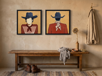 Cowboy Pair, Gingham & Floral — Set of 2 Original Oils, Vermilion & Navy — original hand-painted oil shown on the wall in a styled room