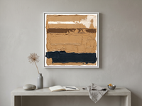 Horizontal Bands Abstract Wall Art — Original Palette-Knife Oil, Ochre & Navy — original hand-painted oil shown on the wall in a styled room
