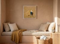 Couple Walking Away Wall Art — Original Palette-Knife Oil, Teal & Ochre — original hand-painted oil shown on the wall in a styled room