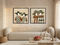 Women in Wide-Brim Hats — Set of 2 Original Oils, Olive & Rust — original hand-painted oil shown on the wall in a styled room