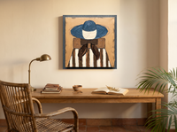 Lady in a Navy Hat Wall Art — Original Palette-Knife Oil, Navy & Ochre — original hand-painted oil shown on the wall in a styled room