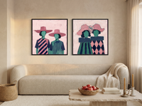 Women in Wide-Brim Hats — Set of 2 Original Oils, Rose & Emerald — original hand-painted oil shown on the wall in a styled room