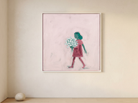 Girl with a Bouquet Wall Art — Original Palette-Knife Oil, Pink & Emerald — original hand-painted oil shown on the wall in a styled room