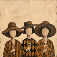 Original oil painting of three blank-faced women in wide brown hats holding wine glasses, in chocolate stripes, dark harlequin, and rust floral on a cream ground