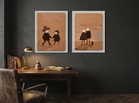 Couple Holding Hands & Couple at Dusk — Set of 2 Original Oils, Espresso & Terracotta — original hand-painted oil shown on the wall in a styled room