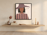 Lady in a Floppy Hat Wall Art — Original Palette-Knife Oil, Mauve & Rose-Brown — original hand-painted oil shown on the wall in a styled room