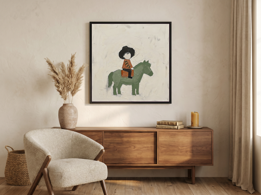 Child on a Pony Wall Art — Original Palette-Knife Oil, Sage & Terracotta