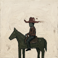 Oil painting of a cowboy in an oxblood hat and rust striped shirt riding a dark olive-green horse in profile, on a cream ground.