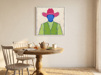 Cowboy in a Vest Wall Art — Original Palette-Knife Oil, Raspberry & Lime — original hand-painted oil shown on the wall in a styled room