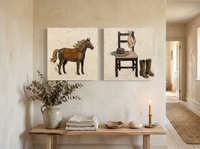 Horse & Cowboy Gear — Set of 2 Original Oils, Chocolate & Rust — original hand-painted oil shown on the wall in a styled room