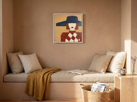 Lady in a Navy Hat Wall Art — Original Palette-Knife Oil, Navy & Oxblood — original hand-painted oil shown on the wall in a styled room