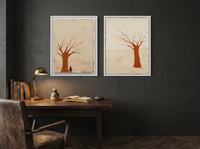 Mirrored Bare Trees — Set of 2 Original Oils, Rust on Cream — original hand-painted oil shown on the wall in a styled room