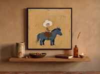 Child on a Pony Wall Art — Original Palette-Knife Oil, Slate Blue & Ochre — original hand-painted oil shown on the wall in a styled room