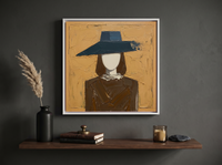 Woman in a Wide Hat Wall Art — Original Palette-Knife Oil, Ochre & Navy — original hand-painted oil shown on the wall in a styled room