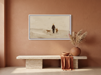 Father, Child and Dog Walking Wide Wall Art — Original Oil Landscape, Chocolate & Cream — original hand-painted oil shown on the wall in a styled room