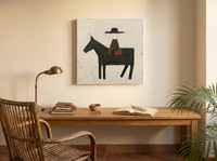 Rider on Horseback Wall Art — Original Palette-Knife Oil, Oxblood & Charcoal — original hand-painted oil shown on the wall in a styled room