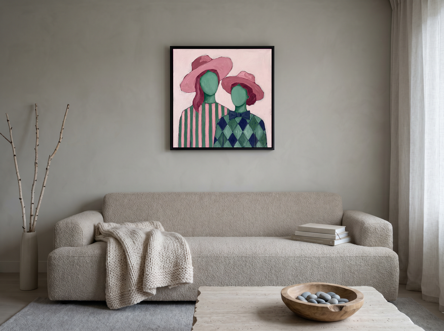 Two Ladies in Pink Hats Wall Art — Original Palette-Knife Oil, Rose & Emerald