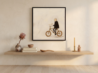 Cyclist Wall Art — Original Palette-Knife Oil, Black & Ochre — original hand-painted oil shown on the wall in a styled room
