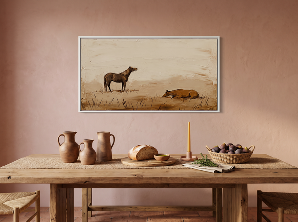 Standing and Resting Horses Wide Wall Art — Original Palette-Knife Oil, Chocolate & Rust