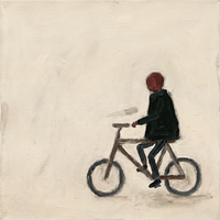 Original oil painting of a man with an oxblood head in a near-black olive coat riding a brown bicycle with charcoal wheels, on a cream ground