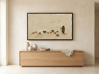 Shepherd and Flock Wide Wall Art — Original Oil Landscape, Olive & Burnt Sienna — original hand-painted oil shown on the wall in a styled room