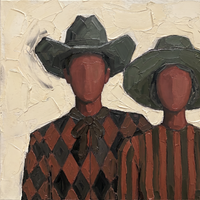 Oil painting of a cowboy in a dark olive hat with an oxblood harlequin shirt beside a cowgirl in an olive hat and striped shirt, both with oxblood faces, on a cream ground.