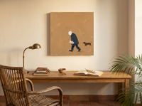 Man Walking His Dachshund Wall Art — Original Oil, Navy & Ochre — original hand-painted oil shown on the wall in a styled room