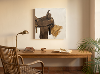 Western Saddle Still Life Wall Art — Original Palette-Knife Oil, Brown & Tan — original hand-painted oil shown on the wall in a styled room