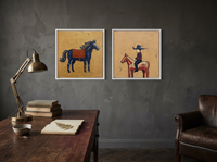 Standing Horse & Small Rider — Set of 2 Original Oils, Navy & Vermilion — original hand-painted oil shown on the wall in a styled room