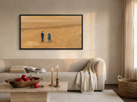 Two Figures on a Beach Wide Wall Art — Original Oil, Golden Ochre & Navy — original hand-painted oil shown on the wall in a styled room