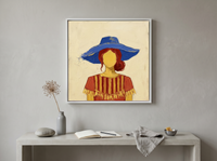 Woman in a Cobalt Hat Wall Art — Original Palette-Knife Oil, Cobalt & Yellow — original hand-painted oil shown on the wall in a styled room