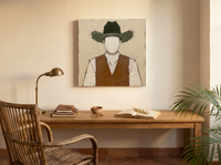 Cowboy in a Vest Wall Art — Original Palette-Knife Oil, Olive & Caramel — original hand-painted oil shown on the wall in a styled room
