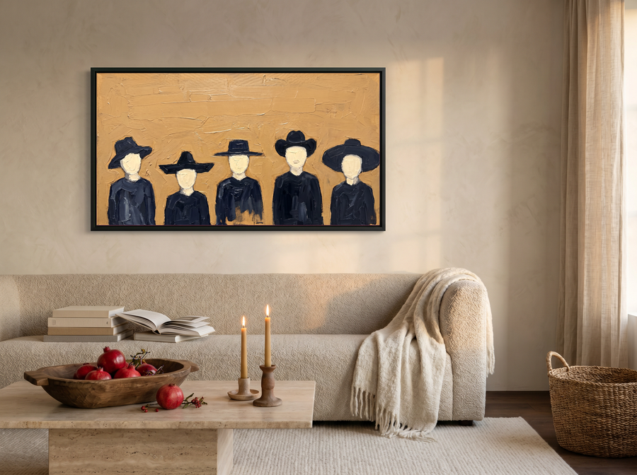 Row of Five Hatted Figures Wide Wall Art — Original Palette-Knife Oil, Navy & Mustard Ochre