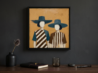 Two Women in Hats Wall Art — Original Palette-Knife Oil, Teal & Ochre — original hand-painted oil shown on the wall in a styled room