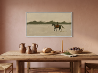 Lone Rider and Mountain Ridge Wide Wall Art — Original Palette-Knife Oil, Olive & Oat — original hand-painted oil shown on the wall in a styled room