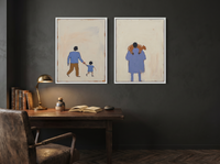 Father & Child with Shepherd — Set of 2 Original Oils, Periwinkle & Caramel — original hand-painted oil shown on the wall in a styled room