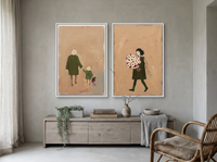 Father & Child with Woman & Bouquet — Set of 2 Original Oils, Moss & Clay — original hand-painted oil shown on the wall in a styled room