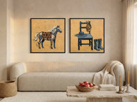 Horse & Cowboy Gear — Set of 2 Original Oils, Golden Ochre & Slate Blue — original hand-painted oil shown on the wall in a styled room