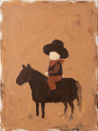 Heavy impasto oil portrait of a cowboy face-on under a near-black angular hat with a cream blank face and dark brown coat, on a terracotta ground.