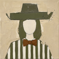 Original oil painting of a cream-faced woman in a flat olive-green hat with a rust bow over olive and cream vertical stripes, on an oat ground
