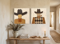 Cowboy, Front and Back — Set of 2 Original Oils, Chocolate & Rust — original hand-painted oil shown on the wall in a styled room