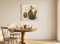 Cowboy in a Cactus Field Wall Art — Original Palette-Knife Oil, Olive & Rust — original hand-painted oil shown on the wall in a styled room
