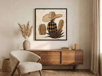 Cowboy in a Cactus Field Wall Art — Original Palette-Knife Oil, Chocolate & Tan — original hand-painted oil shown on the wall in a styled room