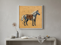 Standing Horse Wall Art — Original Palette-Knife Oil, Slate Blue & Ochre — original hand-painted oil shown on the wall in a styled room