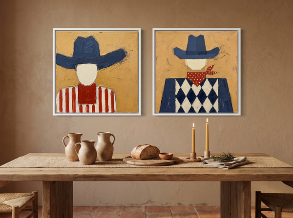 Cowboy, Front and Back — Set of 2 Original Oils, Navy & Vermilion