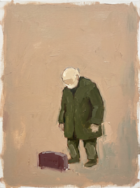 Oil painting of a shepherd in a moss-green coat lifting a pale lamb to his shoulder, on a warm mocha ground.