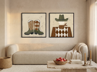 Cowboy Boots & Cowboy — Set of 2 Original Oils, Olive & Sienna — original hand-painted oil shown on the wall in a styled room