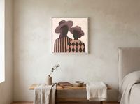 Two Ladies in Floppy Hats Wall Art — Original Palette-Knife Oil, Mauve & Rose — original hand-painted oil shown on the wall in a styled room