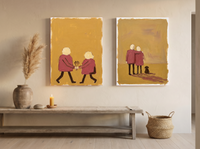 Couple Holding Hands & Couple at Dusk — Set of 2 Original Oils, Mustard & Rose — original hand-painted oil shown on the wall in a styled room