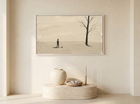 Lone Walker & Bare Tree Wide Wall Art — Original Palette-Knife Oil, Olive & Oxblood — original hand-painted oil shown on the wall in a styled room